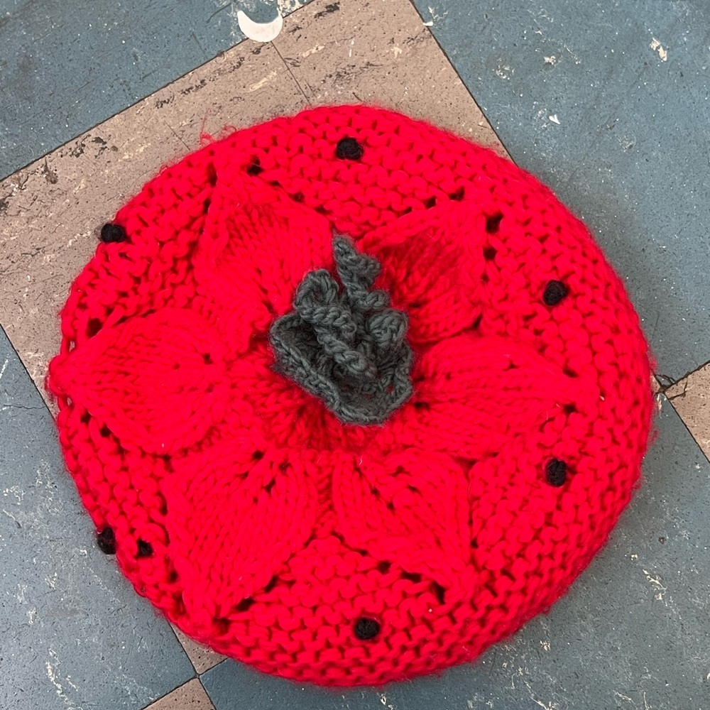 Cooperative Bright Red & Green Knit Strawberry Beret Hat